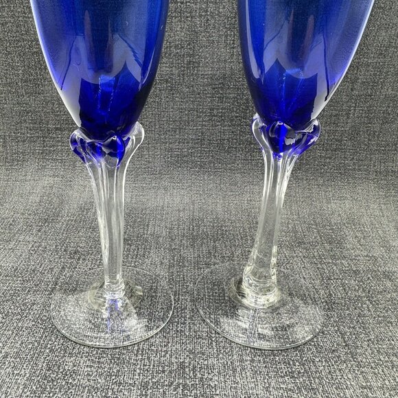 Cobalt Blue Glass Champagne Flutes Clear Tulip Ornate 4 Sided Stem Lot of 2 8" - Picture 3 of 11
